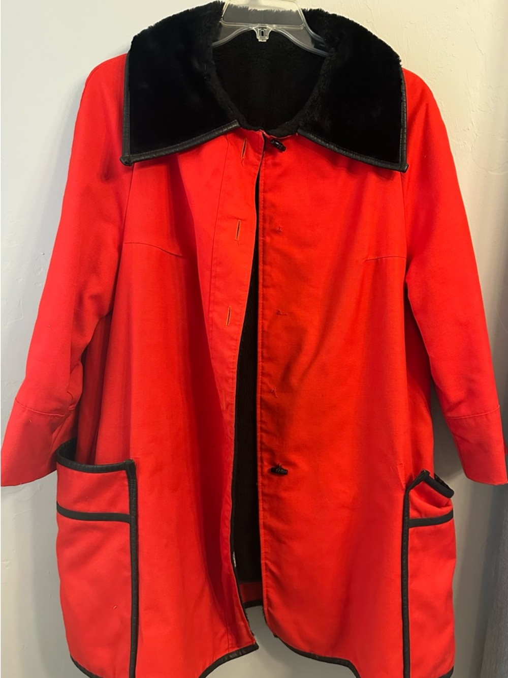 Vintage 70s Red Swing Coat with Black Trim and Collar; Deep Pockets & 3/4 Sleeve